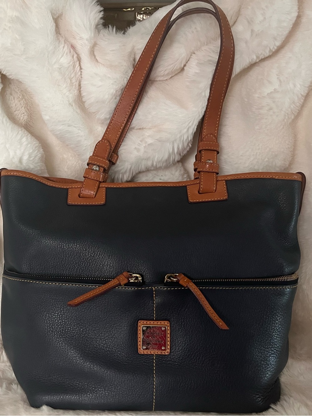 Dooney& Bourke Black & Brown Leather Tote Bag with Front Zip Pocket